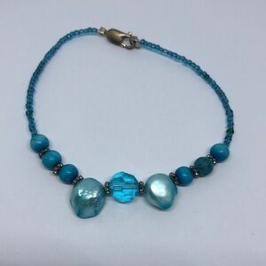 BLUE seed bead pearl and stone anklet or bracelet sterling clasp boho beach.
